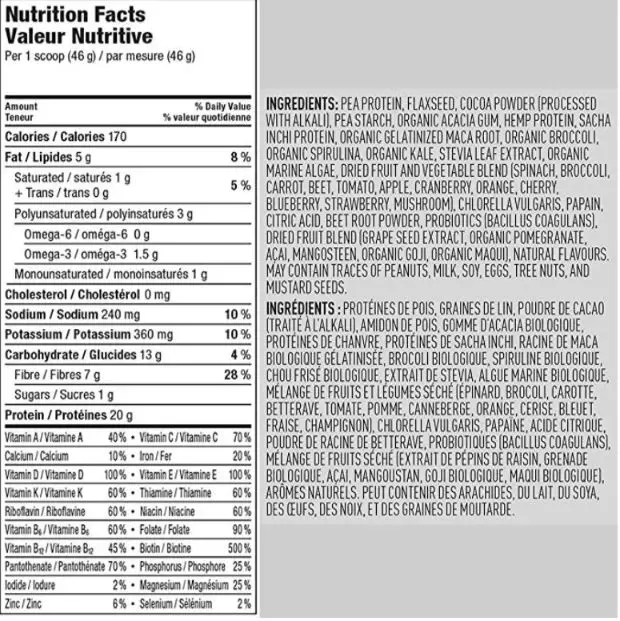 Vega One nutritional label, plantfusion vs vega one comparison